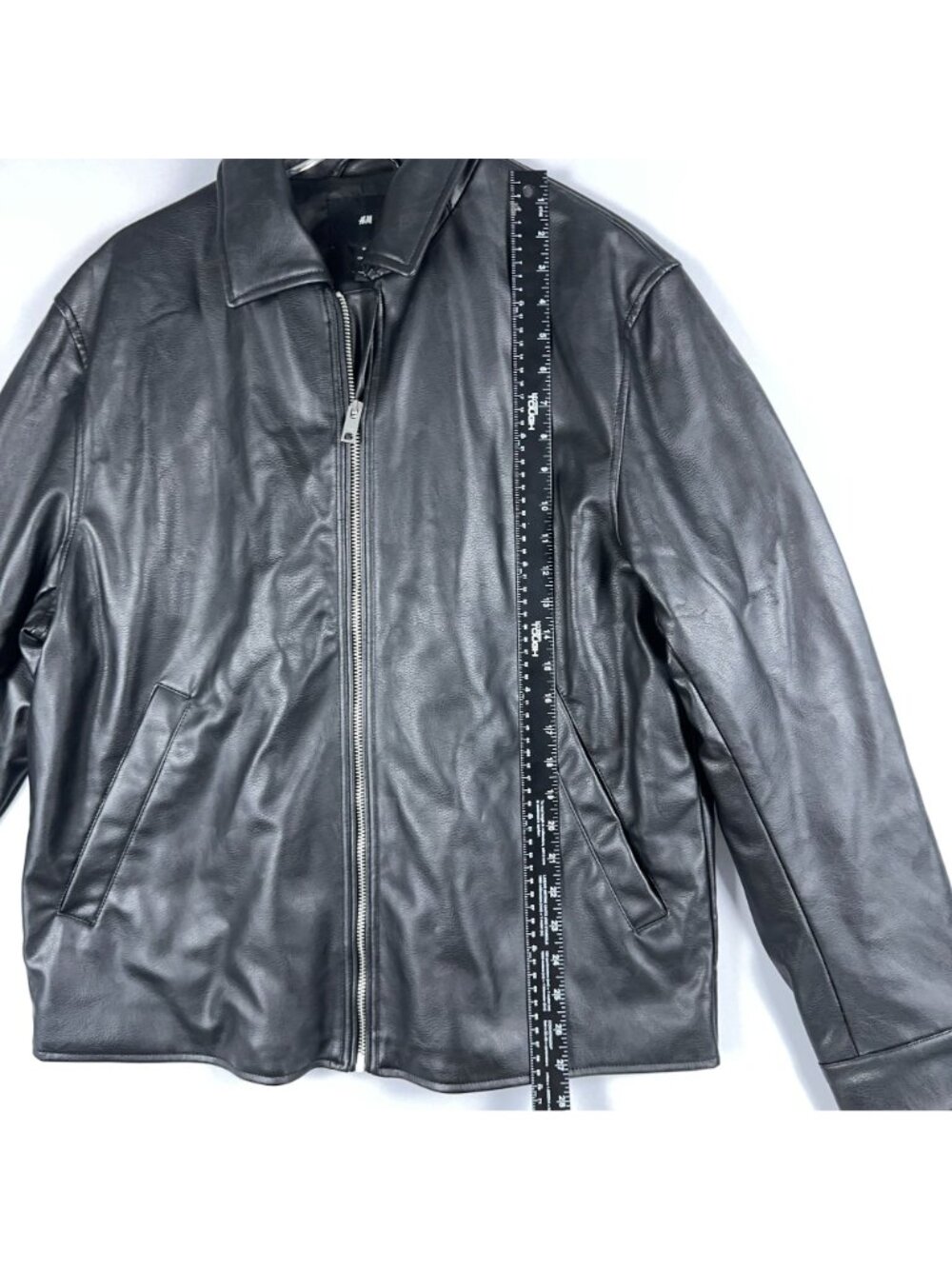 H&M Leather Jacket Coat Mens Size Large Black Zip-Up Front Welt Pockets - Picture 7 of 11